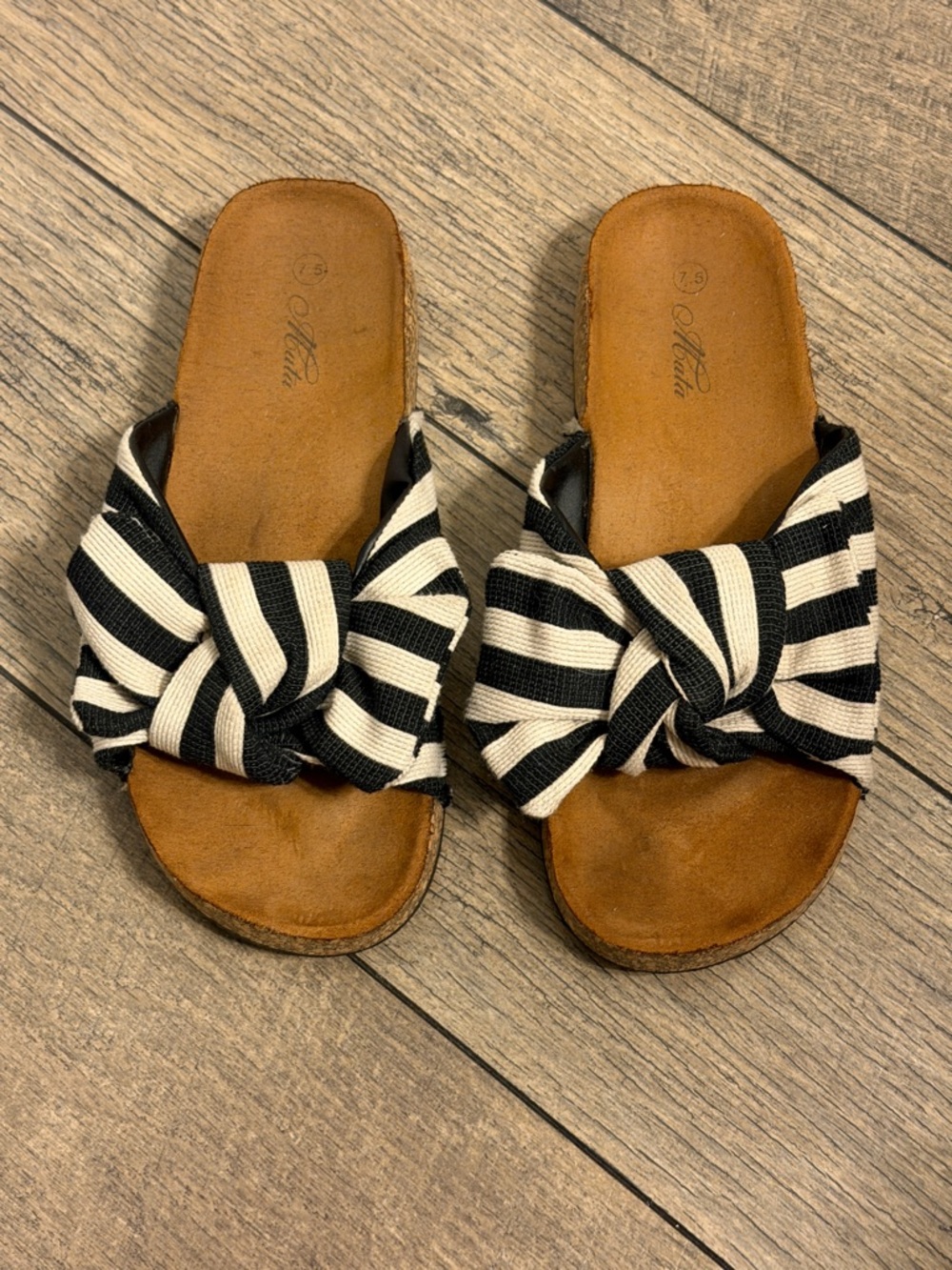 Mata Black & Cream Striped Knot Cork Bed Slide Sandals
